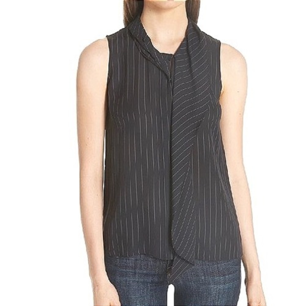 Theory Draped Front Silk Shell Pinstripe Tie-Neck Sleeveless Blouse Dark Grey M